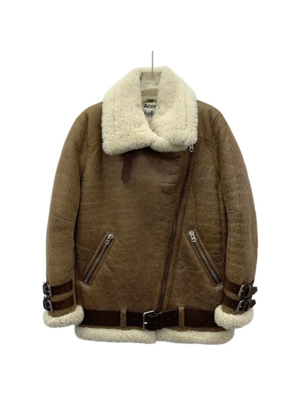 Acne Studios Dark Brown Buckle-Detail Shearling Leather Zip Jacket
